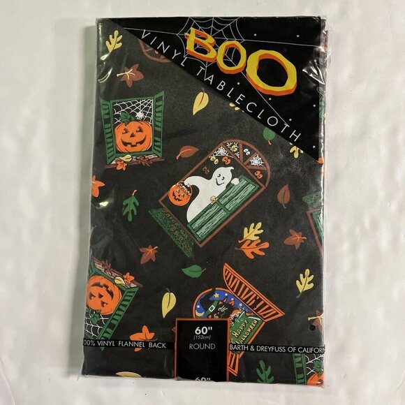 Halloween Boo Vinyl Tablecloth Round 152cm Black Ghost Pumpkin Leaves Cats Party - Picture 1 of 7